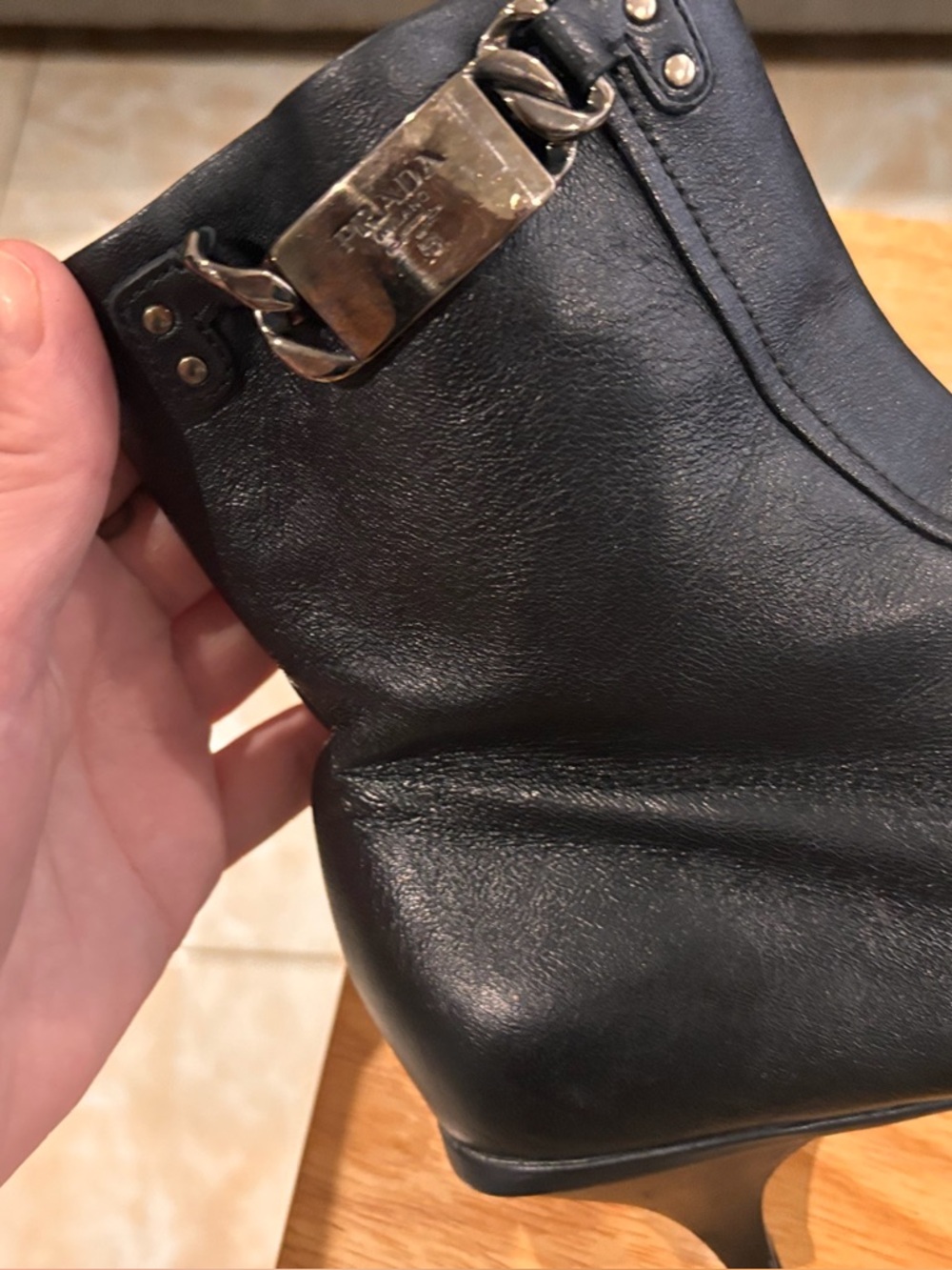 Prada Black Leather Kitten Heel Ankle Boots Buckle Detail Size 37 - Picture 2 of 5